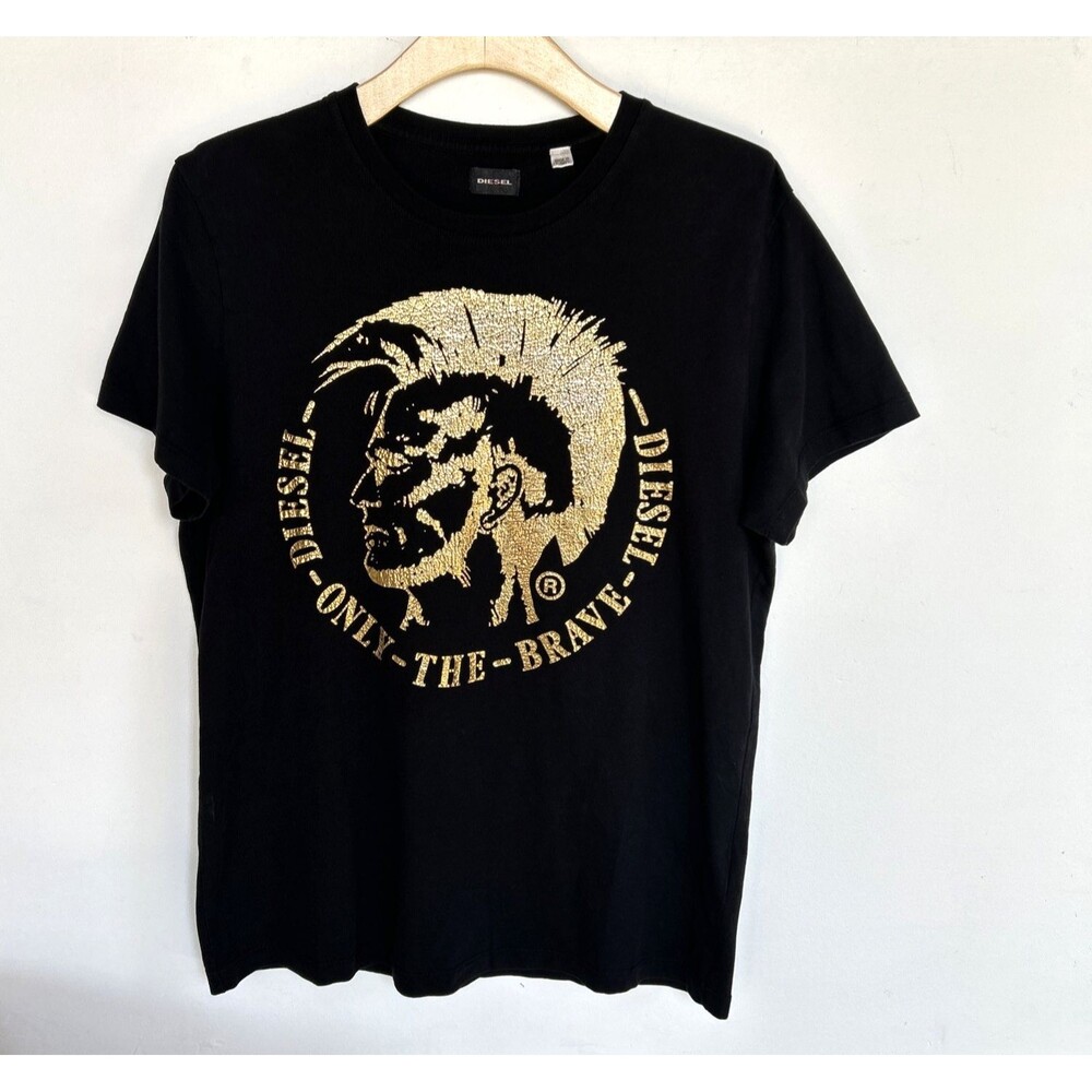 Diesel Only The Brave Black Graphic T-Shirt Gold Mohawk Logo Men XL Fits Smaller